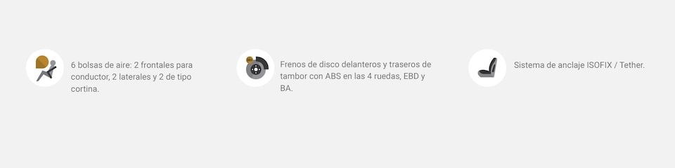 Íconos de seguridad para Onix 2024: 6 bolsas de aire, frenos de disco delantero; así como sistema de anclaje ISOFIX